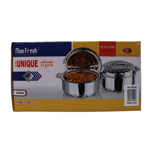 Max Fresh Solitare Stainless Steel Insulated Hot Pot with Unique Locking System Chrome Finish 5000ml RL5000 | For Hot and Cold Food Storage | Double Wall Thermal Casserole | Food Warmer | Meal Storage | Household Kitchenware