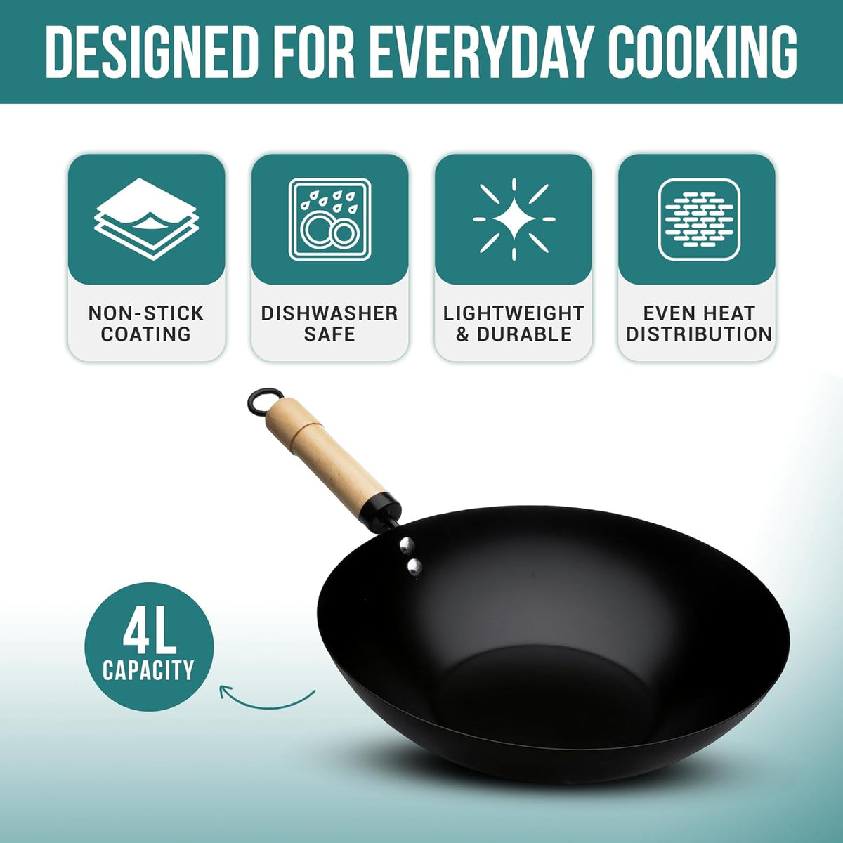 Pendeford First Choice Non-Stick Wok with Authentic Wooden Handle Black 47cm x 32cm x 15cm P172 | Flat Bottom | Carbon Steel | Quality Non-Stick Coating | Dishwasher Safe | Stir Fry Pan | Frying Wok Pan | Kitchen Cookware | Cooking Wok Pan | Non Stick
