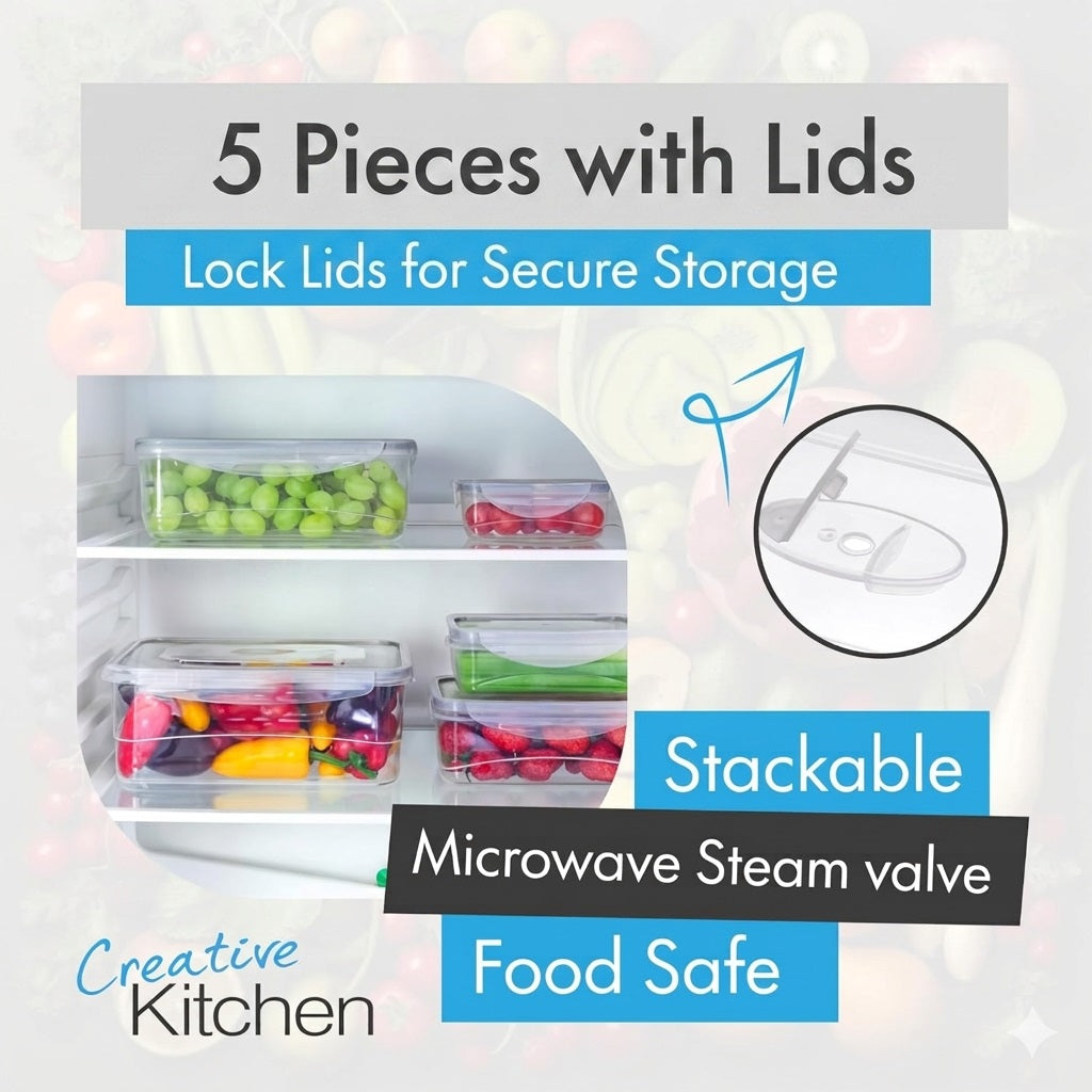Pendeford Creative Kitchen Storage Containers with Lids Clear Pack of 5 3420 | Stackable | BPA Free | Leak Proof with Steam Valve | Multi Size 2370ml | 1640ml | 970ml | 520ml | 240ml | Food Storage Boxes