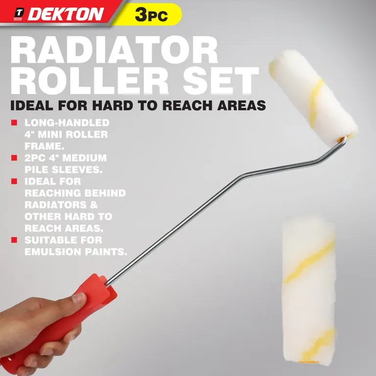 Dekton Radiator Roller Set Red and White Pack of 3 DT95878 | Long-Handled 4-Inch Mini Paint Roller Frame | With Two 4-Inch Medium Pile Sleeves | Ideal for Behind Radiators | Hard-to-Reach Areas | Emulsion Paint Compatible | Decorating Tools | Painting Supplies | Roller Frame | Medium Pile Sleeves | Home Improvement | DIY Painting