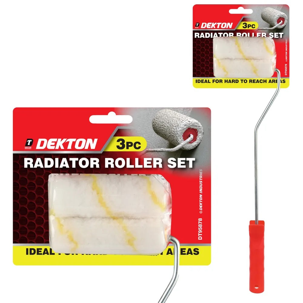 Dekton Radiator Roller Set Red and White Pack of 3 DT95878 | Long-Handled 4-Inch Mini Paint Roller Frame | With Two 4-Inch Medium Pile Sleeves | Ideal for Behind Radiators | Hard-to-Reach Areas | Emulsion Paint Compatible | Decorating Tools | Painting