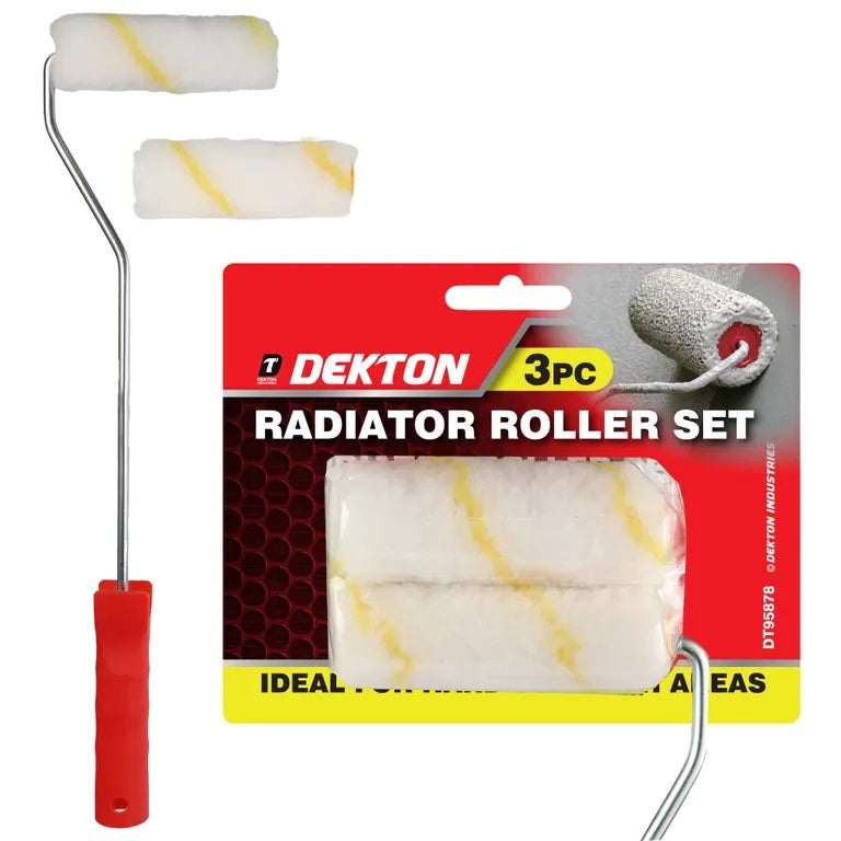 Dekton Radiator Roller Set Red and White Pack of 3 DT95878 | Long-Handled 4-Inch Mini Paint Roller Frame | With Two 4-Inch Medium Pile Sleeves | Ideal for Behind Radiators | Hard-to-Reach Areas | Emulsion Paint Compatible | Decorating Tools | Painting
