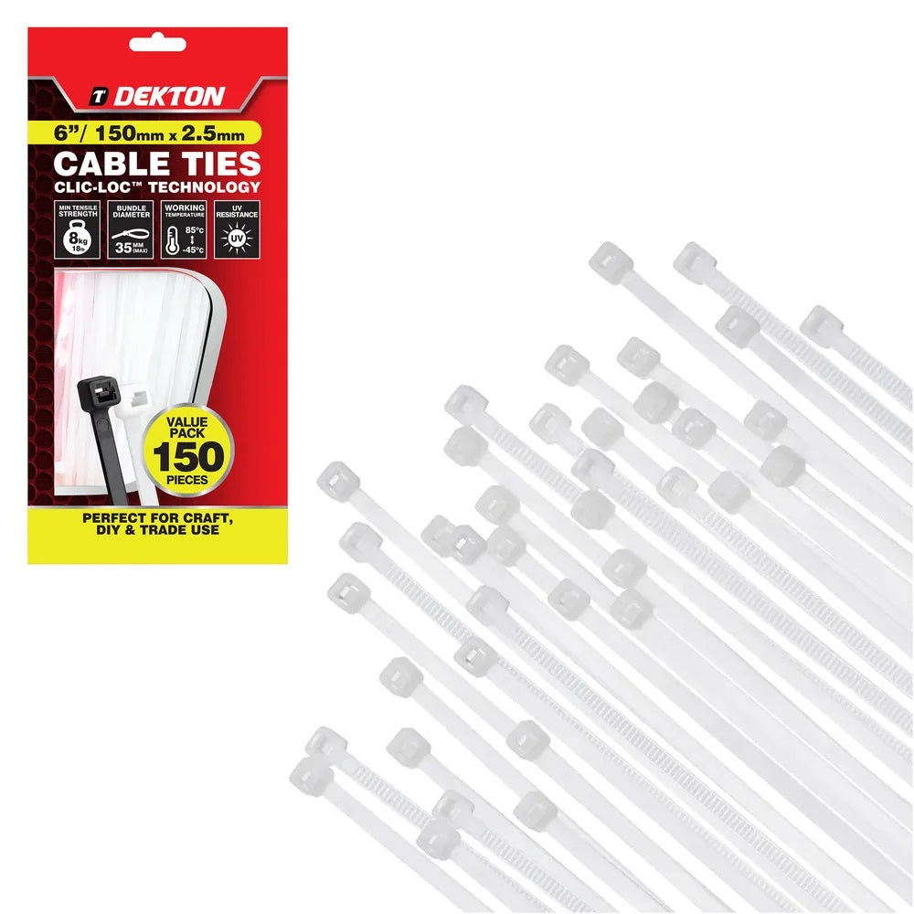 Dekton Heavy-Duty Multi Purpose Cable Ties White 150mm x 2.5mm Pack of 150 DT70455B | Clic-Loc Technology | High Tensile Strength | Temperature Resistant | Self-Locking Teeth | For Indoor and Outdoor Use | UV Resistance | Bundle Diameter 35mm | Holds Up to 8Kg | For Craft-DIY and Trade Use | Bundling Tools