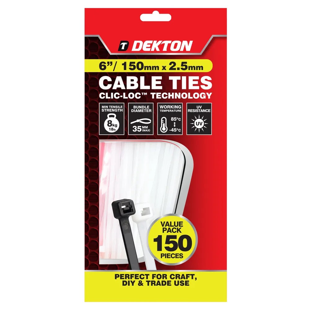Dekton Heavy-Duty Multi Purpose Cable Ties White 150mm x 2.5mm Pack of 150 DT70455B | Clic-Loc Technology | High Tensile Strength | Temperature Resistant | Self-Locking Teeth | For Indoor and Outdoor Use | UV Resistance | Bundle Diameter 35mm | Holds Up