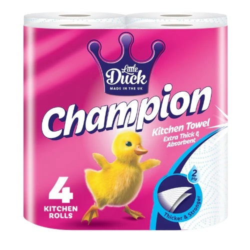 Little Duck Champion 2 Ply Kitchen Towel Rolls White 210mm x 214mm Pack of 24 1000144 | Extra Thick and Absorbent | Wiping Paper | For Kitchens Workshops and Commercial Use | Recycled Paper Towels | Cleaning Paper | Multipurpose Paper Towels | Wiper Rolls | Disposable Paper Rolls