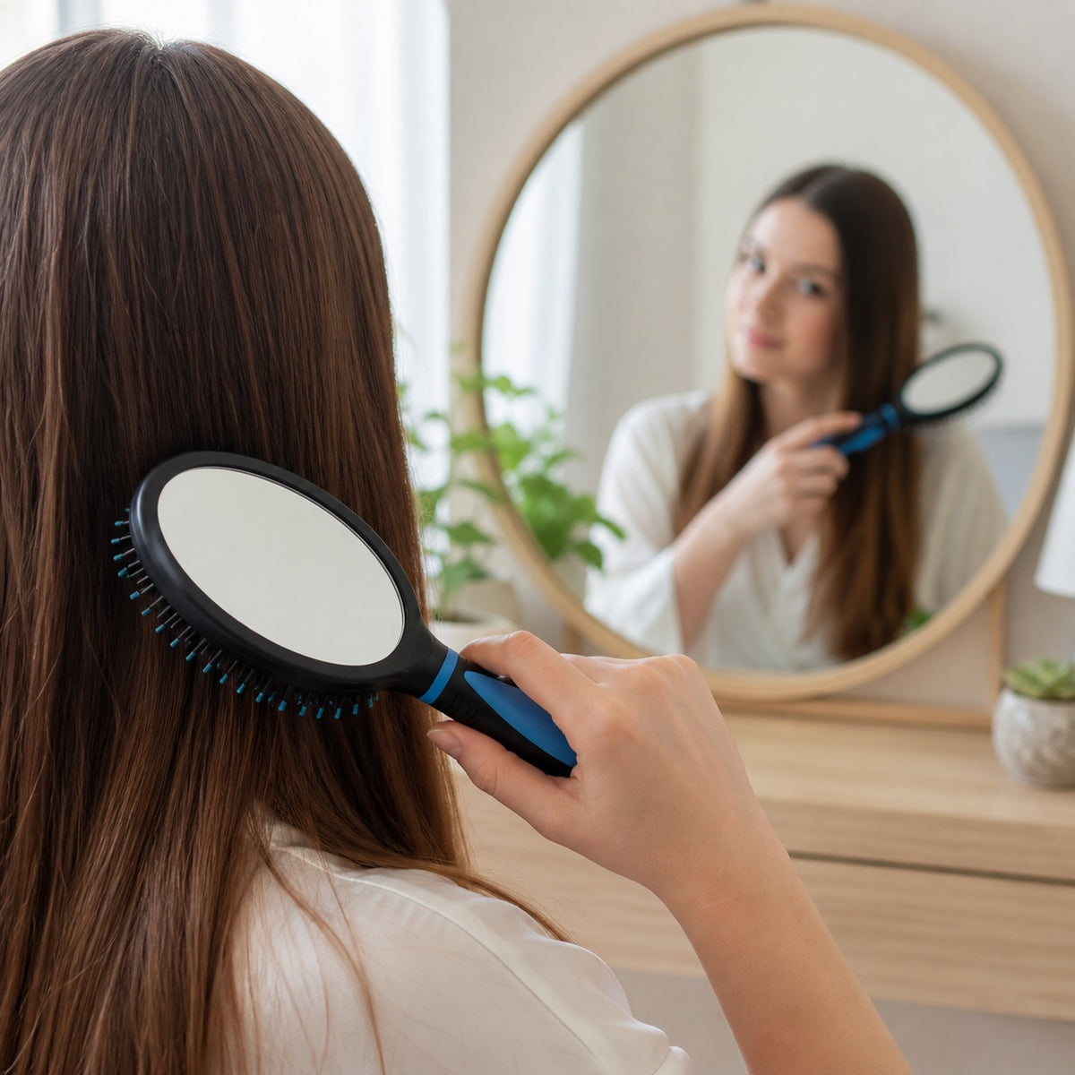 JL Supplies Mirror Hair Brush with Handle Assorted Colours 1225 | Handheld Hair Brush | Mirror Back Brush | Everyday Grooming Hairbrush