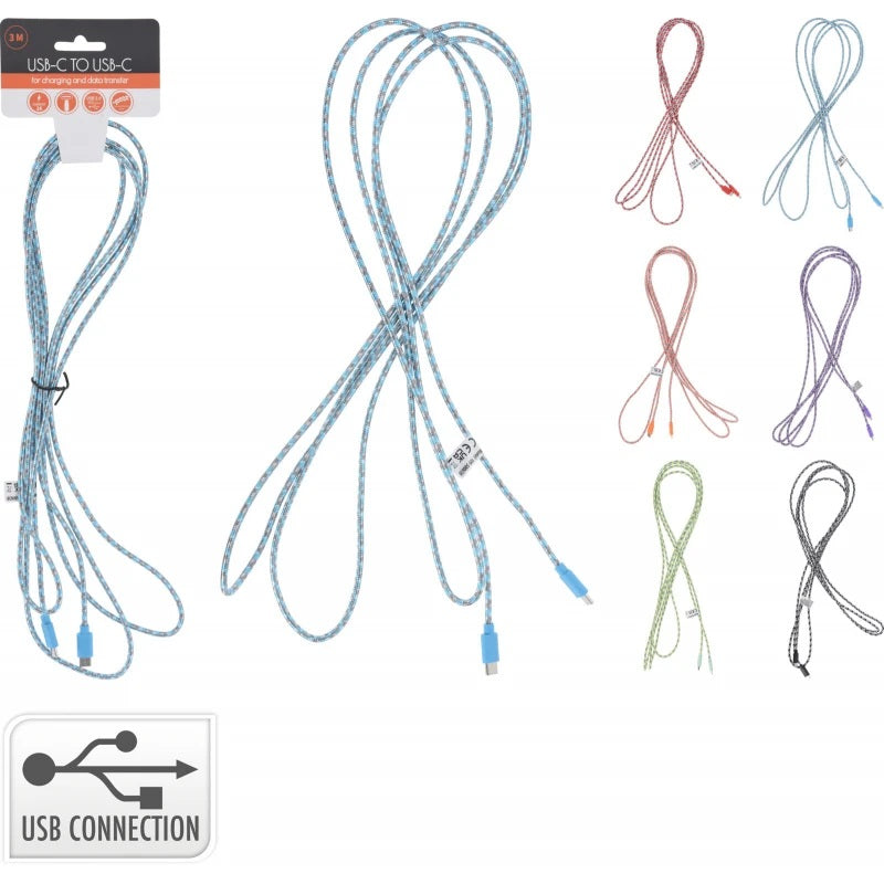 USB-C to USB-C Charging and Data Transfer Cable Assorted Colours 3Mtr Pack of 1 109500630 | Fast Charging and Data Transfer | Durable Braided Cord | Current 2A | Tangle-Free Design | Compatible with Smartphones | Tablets and Laptops | Strong and Flexible Cable | USB 2.0 | 480 Mbps