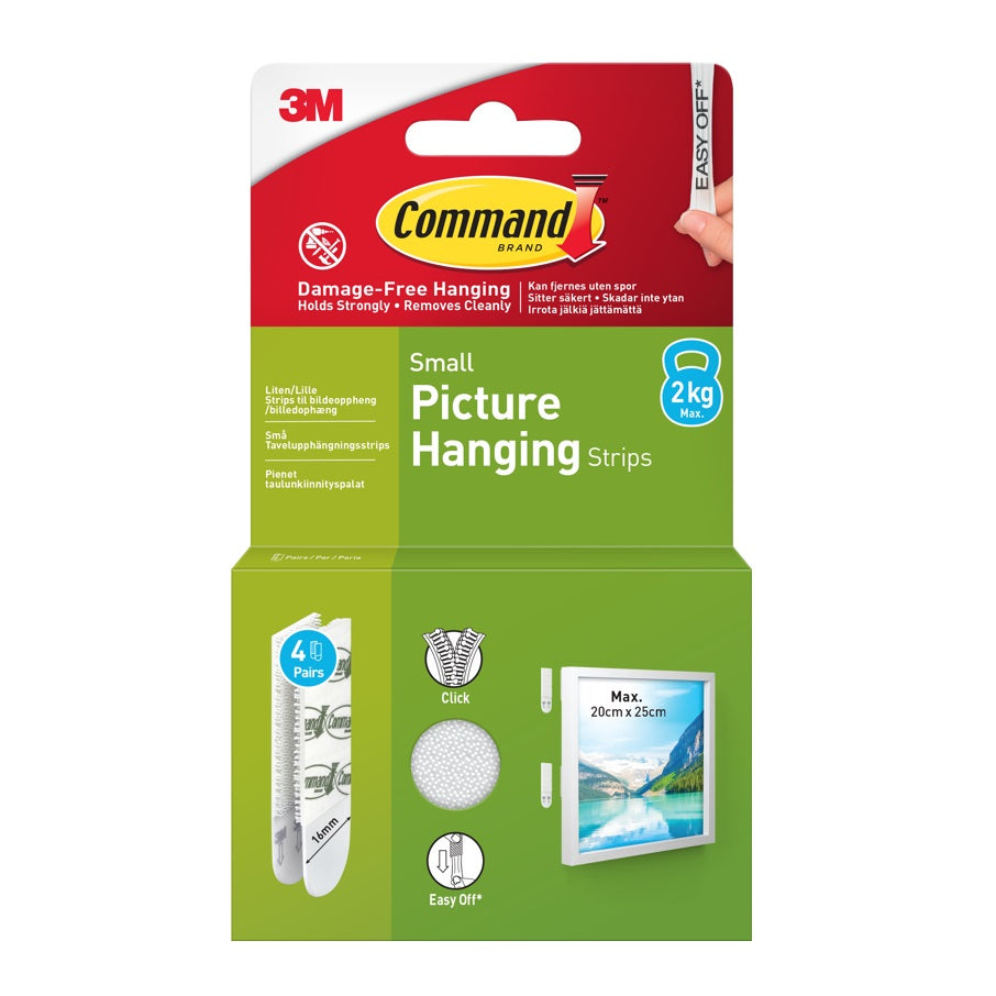 Command 3M Small Picture Hanging Strips White 16mm Pack of 4 4378-4 | Damage-Free Wall Hanging | Strong Hold Up to 2kg | Removes Cleanly | No Nails or Drilling | Adhesive Wall Strips | Frame Hanging Strips | Removable Adhesive Strips | Home Decor Accessories | Sticky Mounting Strips