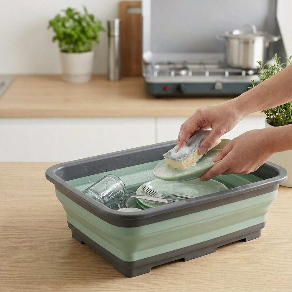Redcliffs Collapsible Dishwashing Bowl Green Grey 8 Litre 37cm x 27cm x 12cm 179652490 | Foldable Washing Up Basin | Space Saving Sink Bucket | Portable Water Container | Silicon Laundry Tub | Camping Caravan Hiking Kitchen Storage