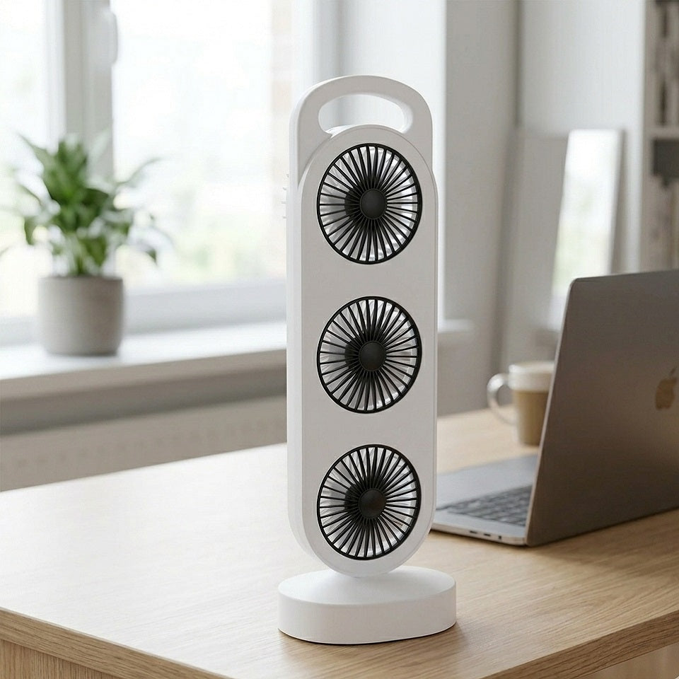 Table Fan with 3 Speed White 109000540 | USB Rechargeable Triple Desk Fan | Portable Tower Ventilator | Cooling Air Cooler | Personal Desktop Blower | Home-Office-Travel -Bedroom-Study