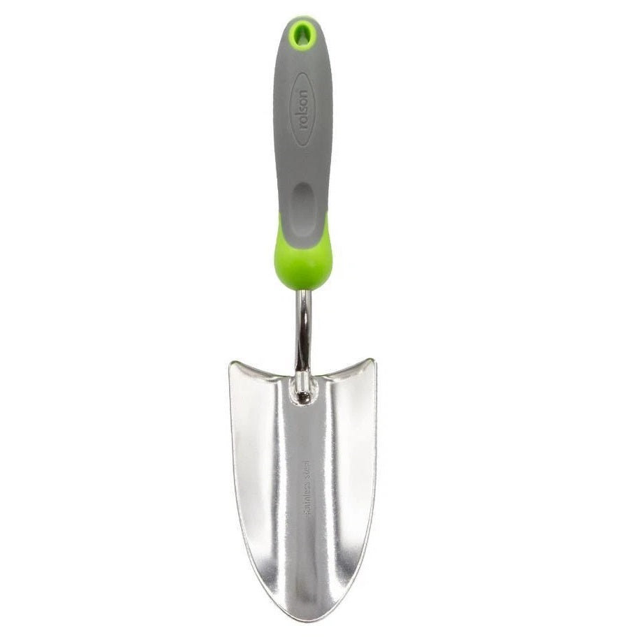 Rolson Hand Trowel and Fork Set Grey 82691 | Stainless Steel Material | Non Slip Soft Grip | Hang Hole for Easy Storage | Trowel-325mm x 80mm | Fork-310mm x 78mm