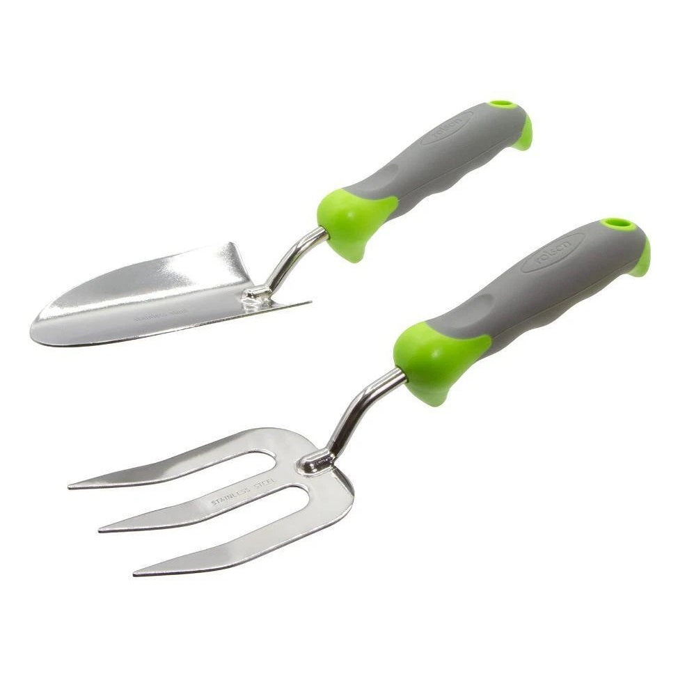 Rolson Hand Trowel and Fork Set Grey 82691 | Stainless Steel Material | Non Slip Soft Grip | Hang Hole for Easy Storage | Trowel-325mm x 80mm | Fork-310mm x 78mm