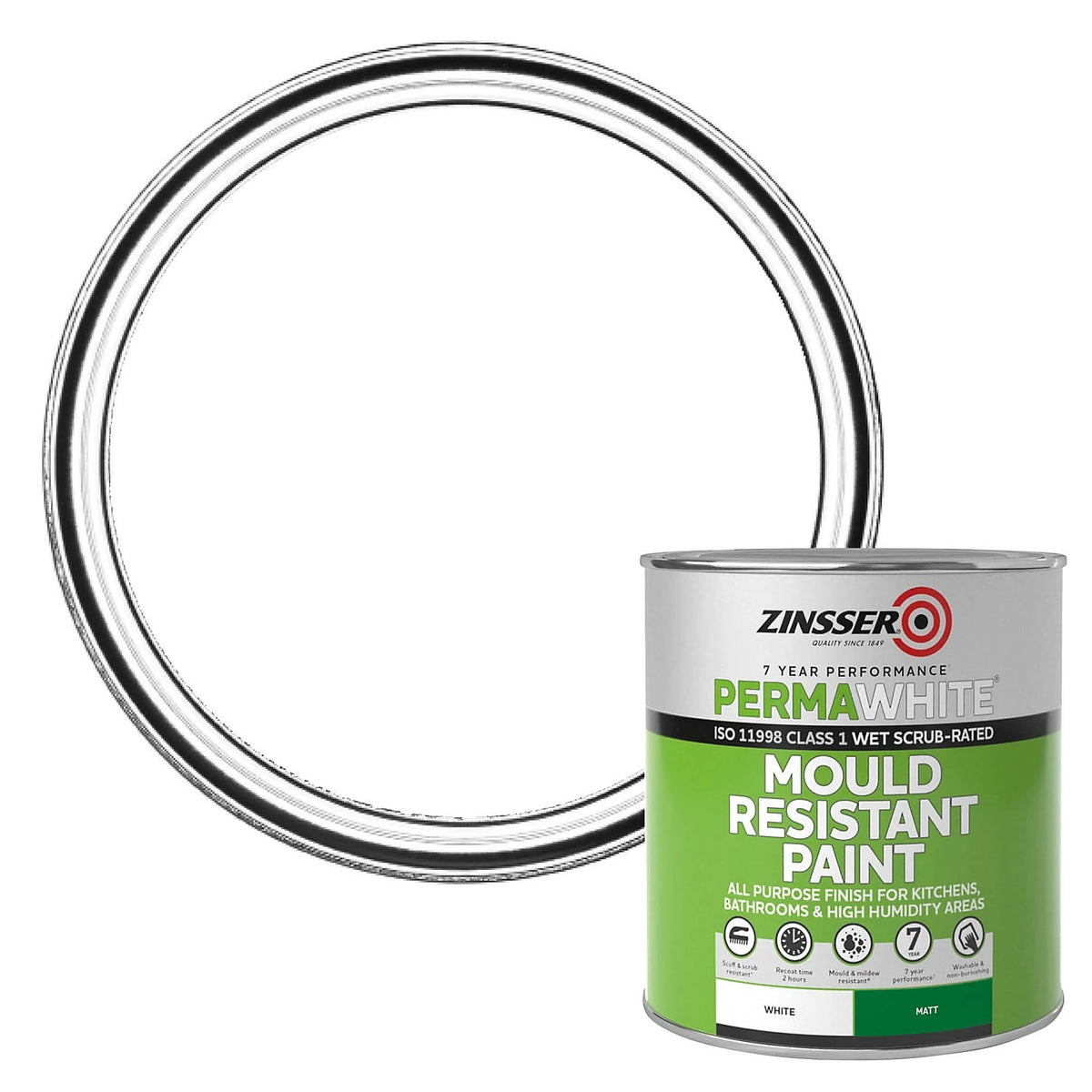 Zinsser PermaWhite Mould Resistant Paint Matt White 1Ltr ZN7070001D1 | Scuff and Scrub Resistant | Recoat Time 2Hr | Mould and Mildew Resistant | Washable and Non Burnishing