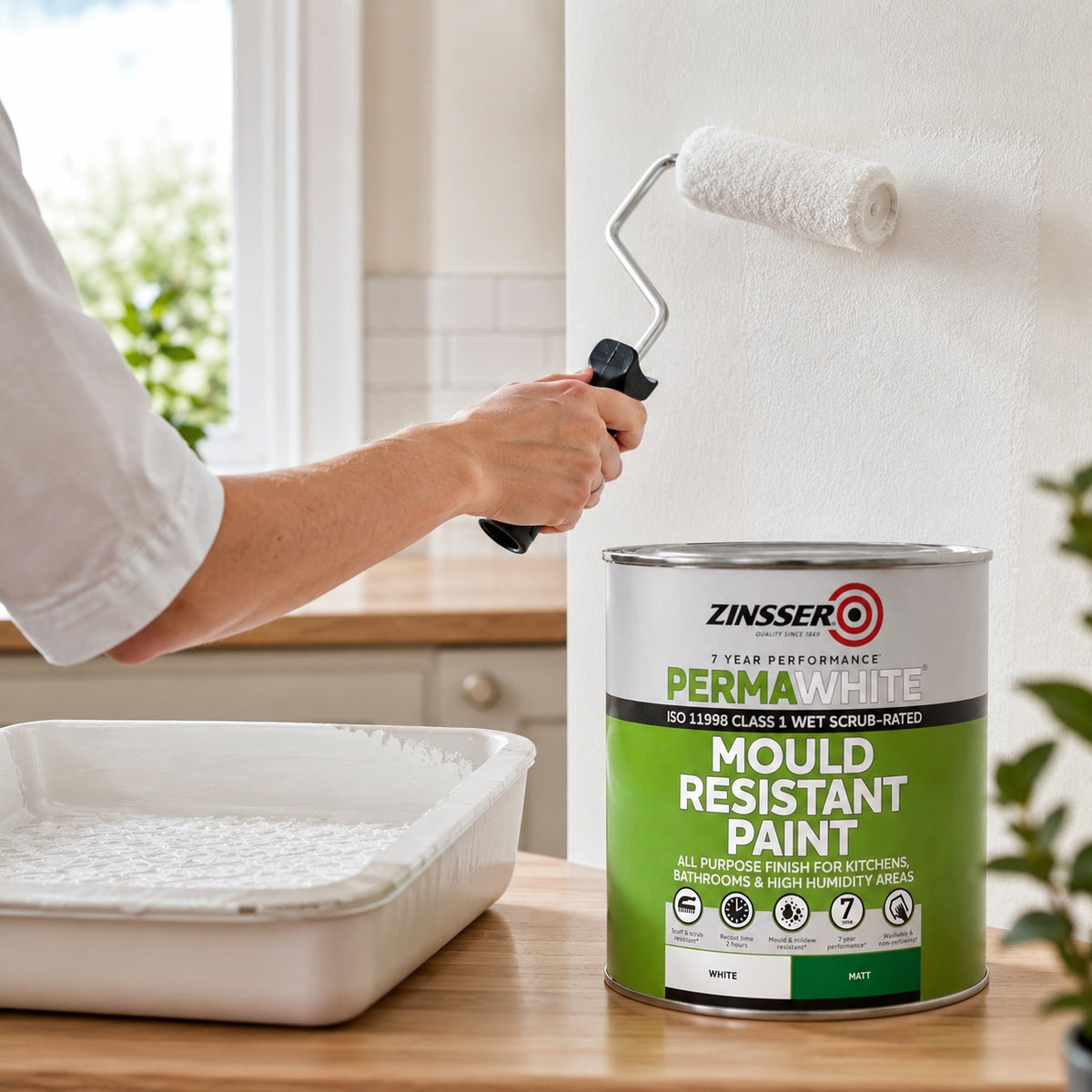 Zinsser PermaWhite Mould Resistant Paint Matt White 1Ltr ZN7070001D1 | Scuff and Scrub Resistant | Recoat Time 2Hr | Mould and Mildew Resistant | Washable and Non Burnishing
