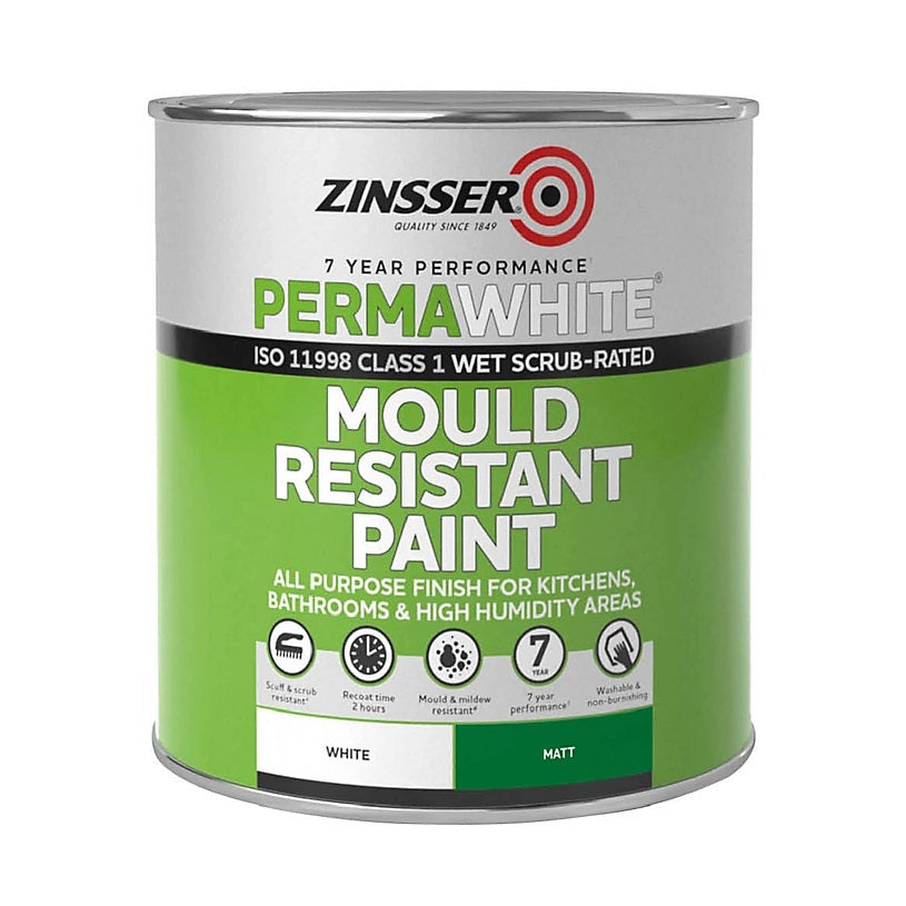 Zinsser PermaWhite Mould Resistant Paint Matt White 1Ltr ZN7070001D1 | Scuff and Scrub Resistant | Recoat Time 2Hr | Mould and Mildew Resistant | Washable and Non Burnishing