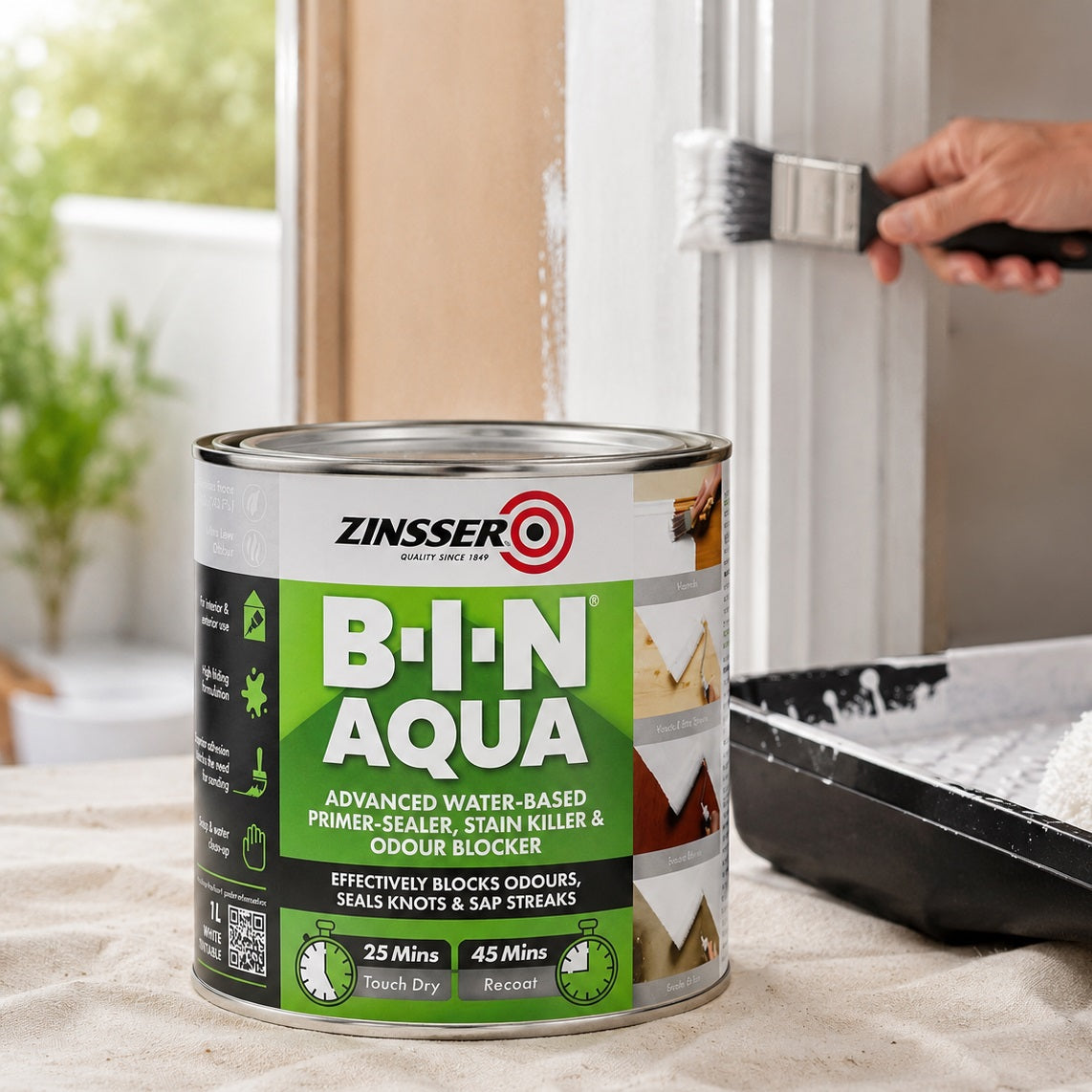 Zinsser B-I-N Aqua Advanced Water Based Primer Sealer White 1Ltr ZN7440001D1 | Stain Killer and Odour Blocker | 25 Minutes Touch Dry | 45 Minutes Recoat | For Interior and Exterior Use | High Hiding Formulation