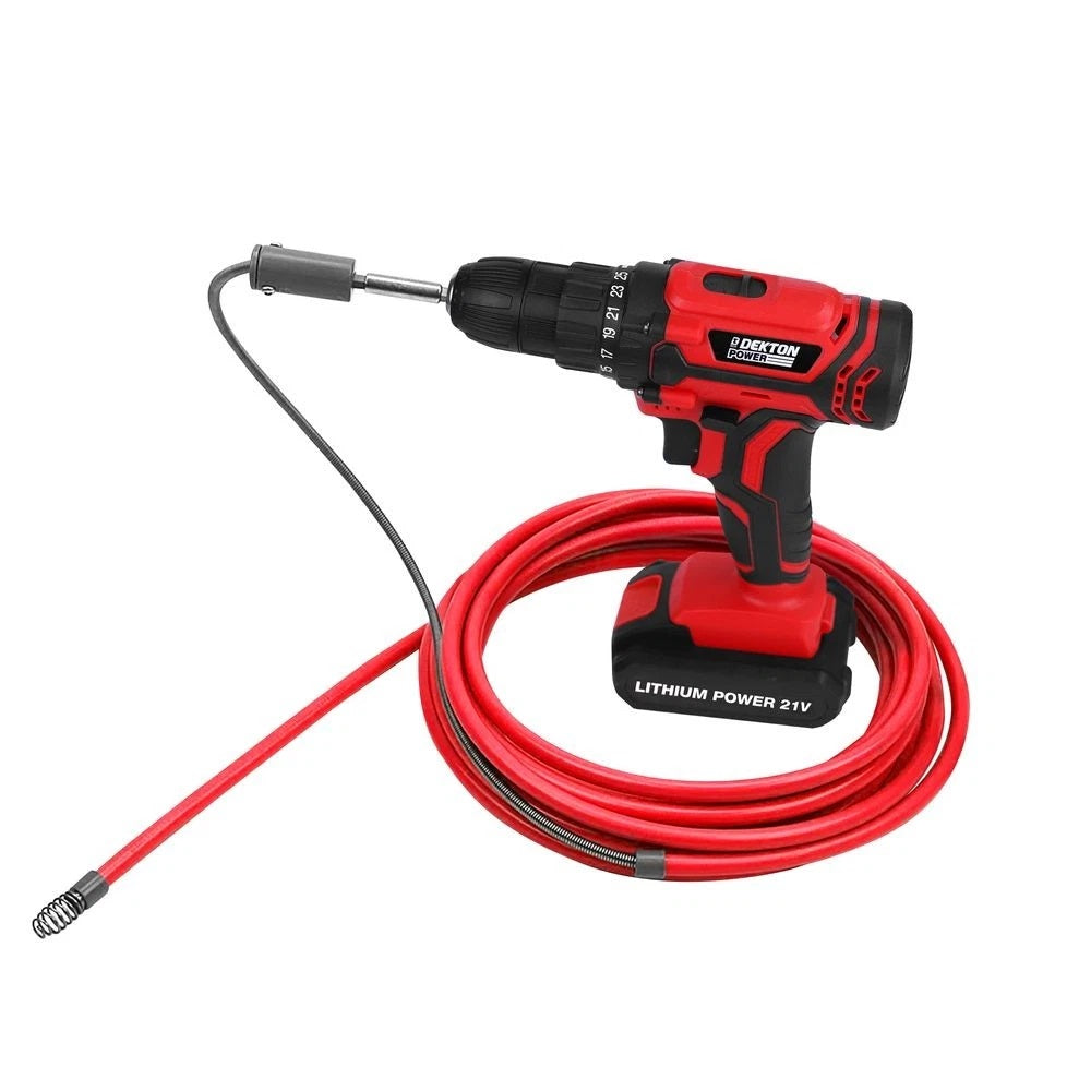 Dekton Drain Auger Unblocker Flexible Pipe Cleaner Red 7Mtr DT30345 | Heavy Duty Rotating Steel Wire Coil | Hex Tip Attaches To Any Power Drill | Flexible Wire Easily Tackles 90 Degree Bends