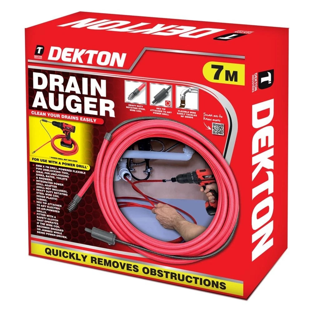 Dekton Drain Auger Unblocker Flexible Pipe Cleaner Red 7Mtr DT30345 | Heavy Duty Rotating Steel Wire Coil | Hex Tip Attaches To Any Power Drill | Flexible Wire Easily Tackles 90 Degree Bends