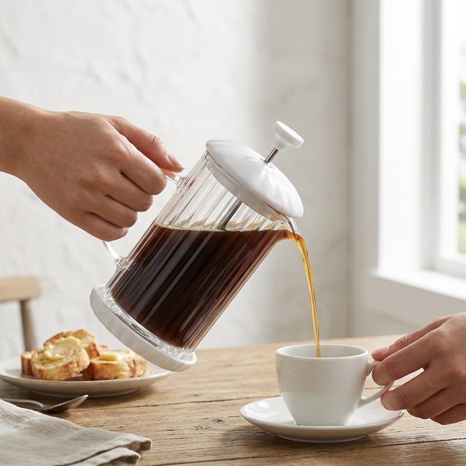Price and Kensington Luxe Cafetiere White H21cm x W13cm x D10.5cm 350ml 0056.823 | French Press Coffee Maker Gift Set | Fluted Double-Walled Glass with Ceramic Lid | Includes Coaster Clip Spoon and Spare Filters | Manual Brewer for Ground Coffee