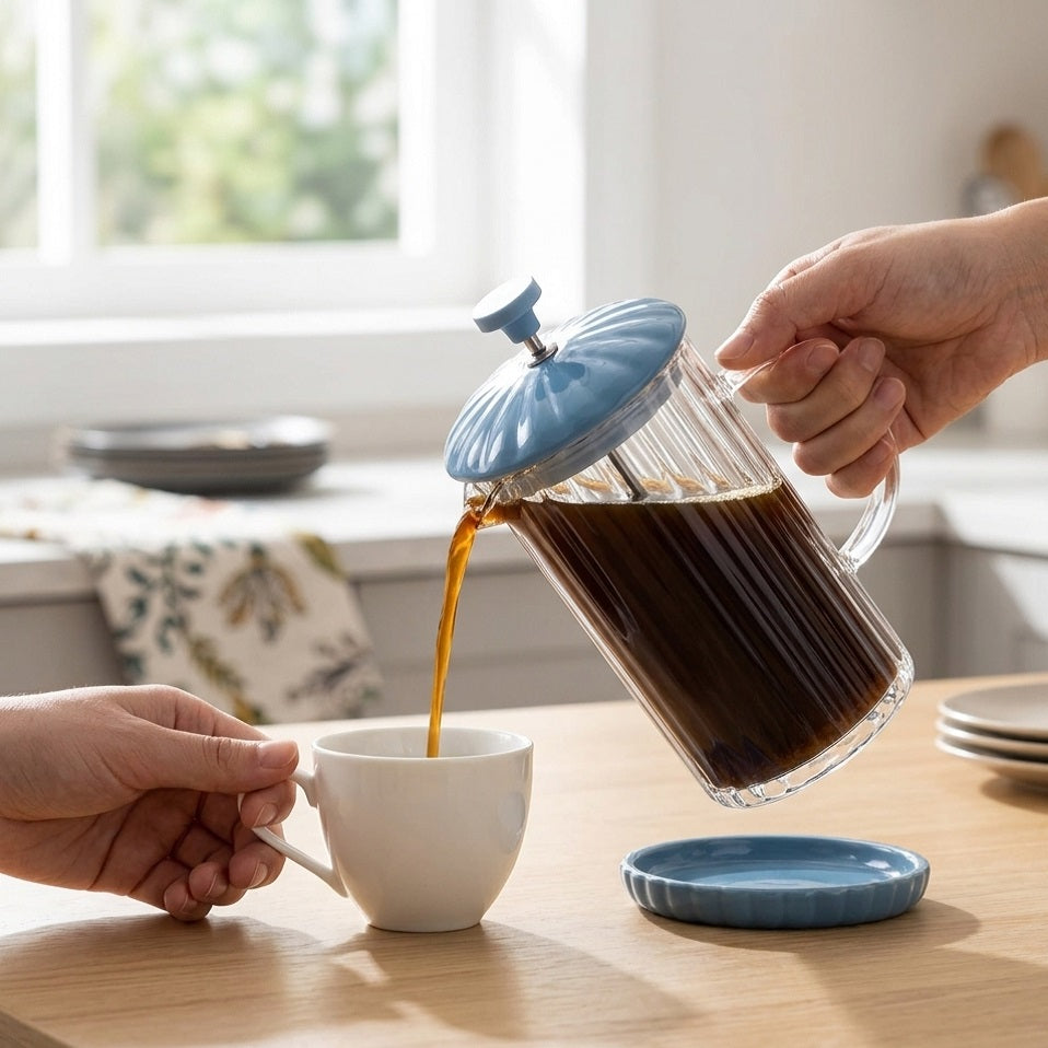 Price and Kensington Luxe Cafetiere Bluebell H21cm x W13cm x D10.5cm 350ml 0056.825 | French Press Coffee Maker Gift Set | Fluted Double-Walled Glass with Ceramic Lid | Includes Coaster Clip Spoon and 2 x Spare Mesh Filters | Manual Brewer for Ground Coffee