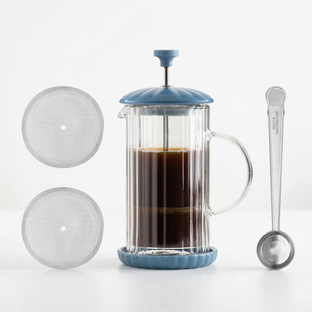 Price and Kensington Luxe Cafetiere Bluebell H21cm x W13cm x D10.5cm 350ml 0056.825 | French Press Coffee Maker Gift Set | Fluted Double-Walled Glass with Ceramic Lid | Includes Coaster Clip Spoon and 2 x Spare Mesh Filters | Manual Brewer for Ground