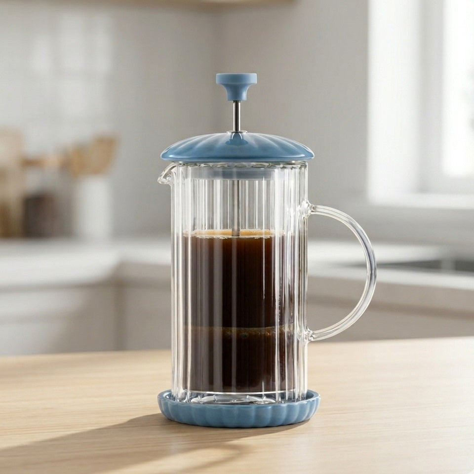 Price and Kensington Luxe Cafetiere Bluebell H21cm x W13cm x D10.5cm 350ml 0056.825 | French Press Coffee Maker Gift Set | Fluted Double-Walled Glass with Ceramic Lid | Includes Coaster Clip Spoon and 2 x Spare Mesh Filters | Manual Brewer for Ground