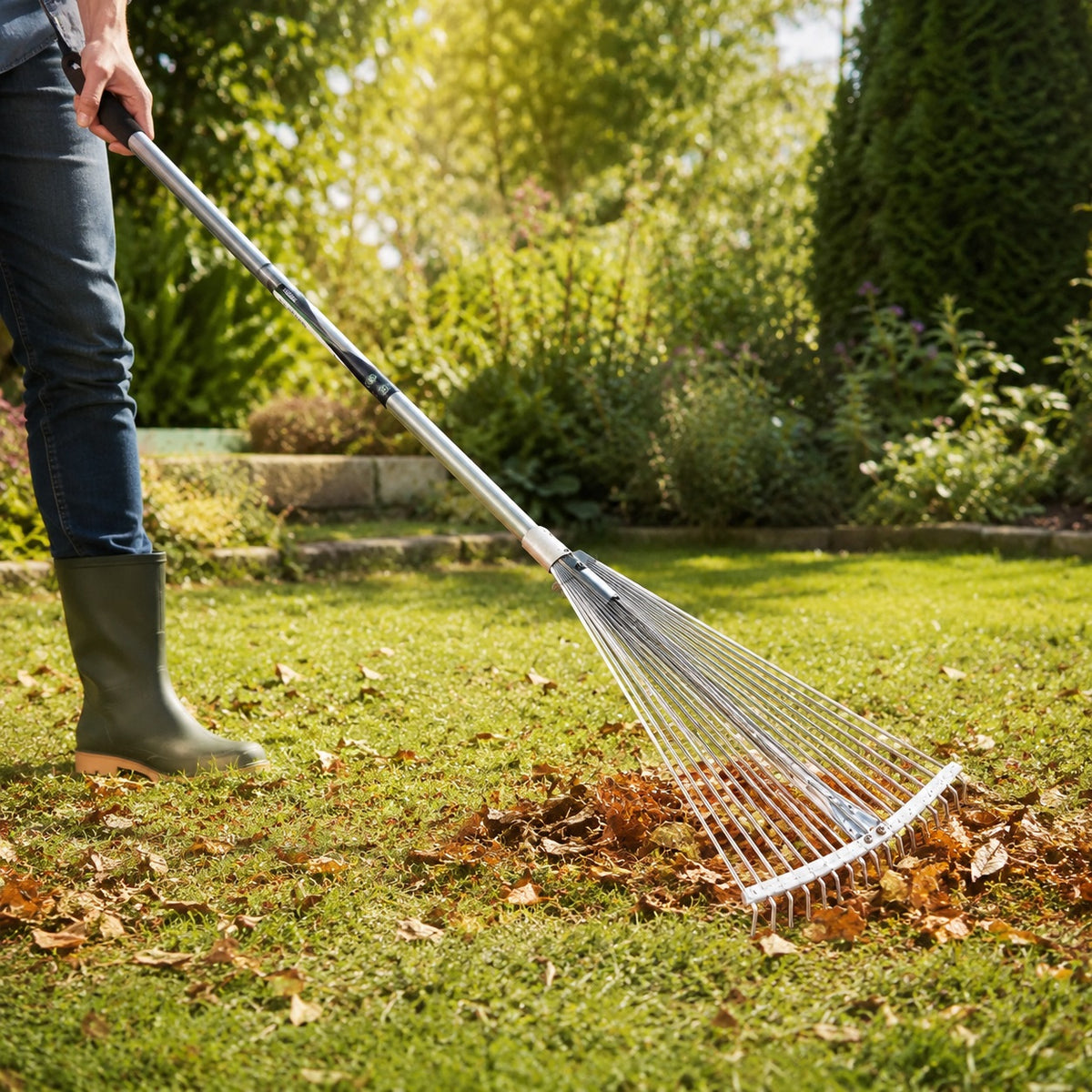 Green Blade Heavy-Duty Adjustable Metal Garden Rake with Tubular Steel Shaft Silver 118cm x 148.5cm x 43.5cm GR100 | 15 Flexible Tines | Plastic Grip | Ideal for Lawn and Grass Raking