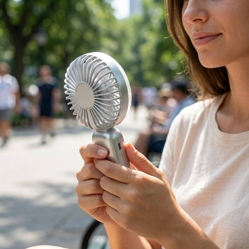 Kingavon LED Rechargeable Handheld Fan Grey H21cm x D10cm FA144 | Portable Desktop Cooler | 3 Speed USB C Cordless Fan | Folding Personal Pocket Ventilator | 15 LED Ring Light 1 Watt Motor | Compact Travel Cooling Device