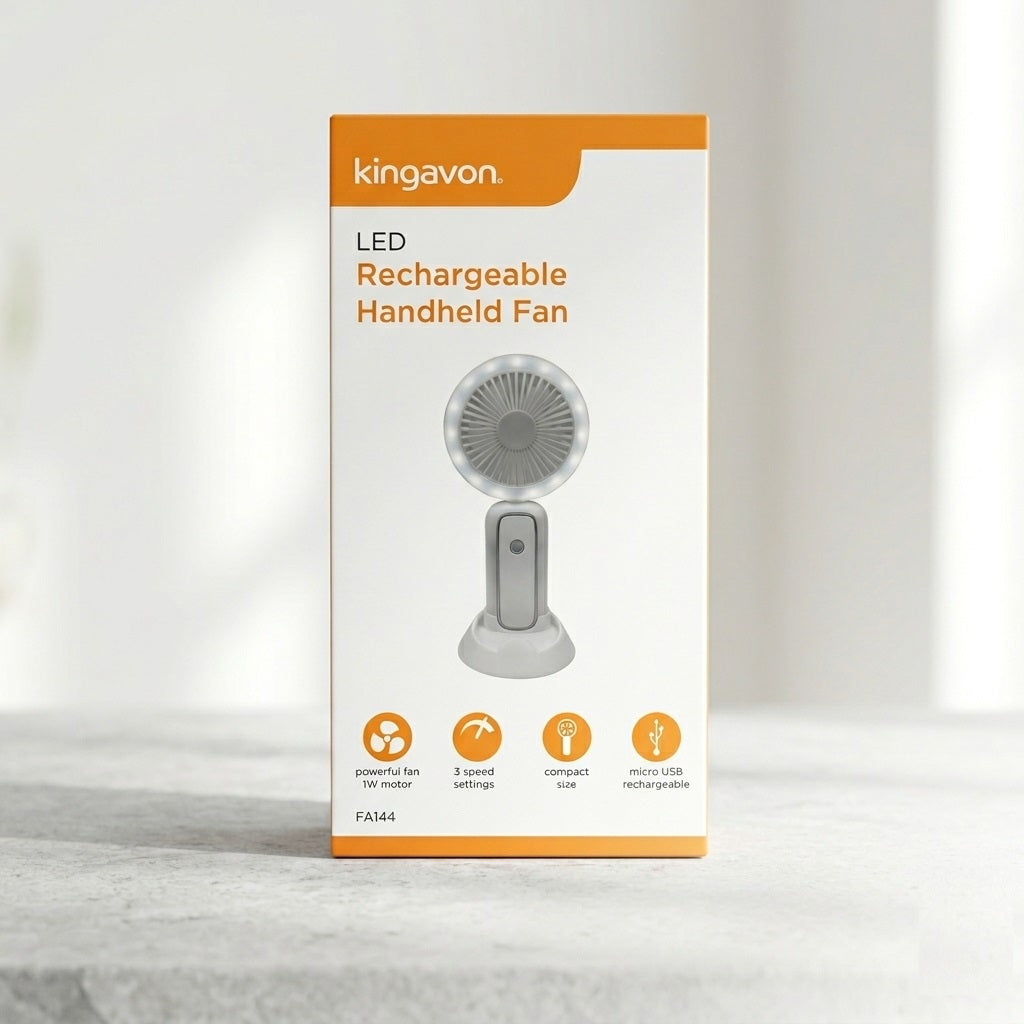 Kingavon LED Rechargeable Handheld Fan Grey H21cm x D10cm FA144 | Portable Desktop Cooler | 3 Speed USB C Cordless Fan | Folding Personal Pocket Ventilator | 15 LED Ring Light 1 Watt Motor | Compact Travel Cooling Device