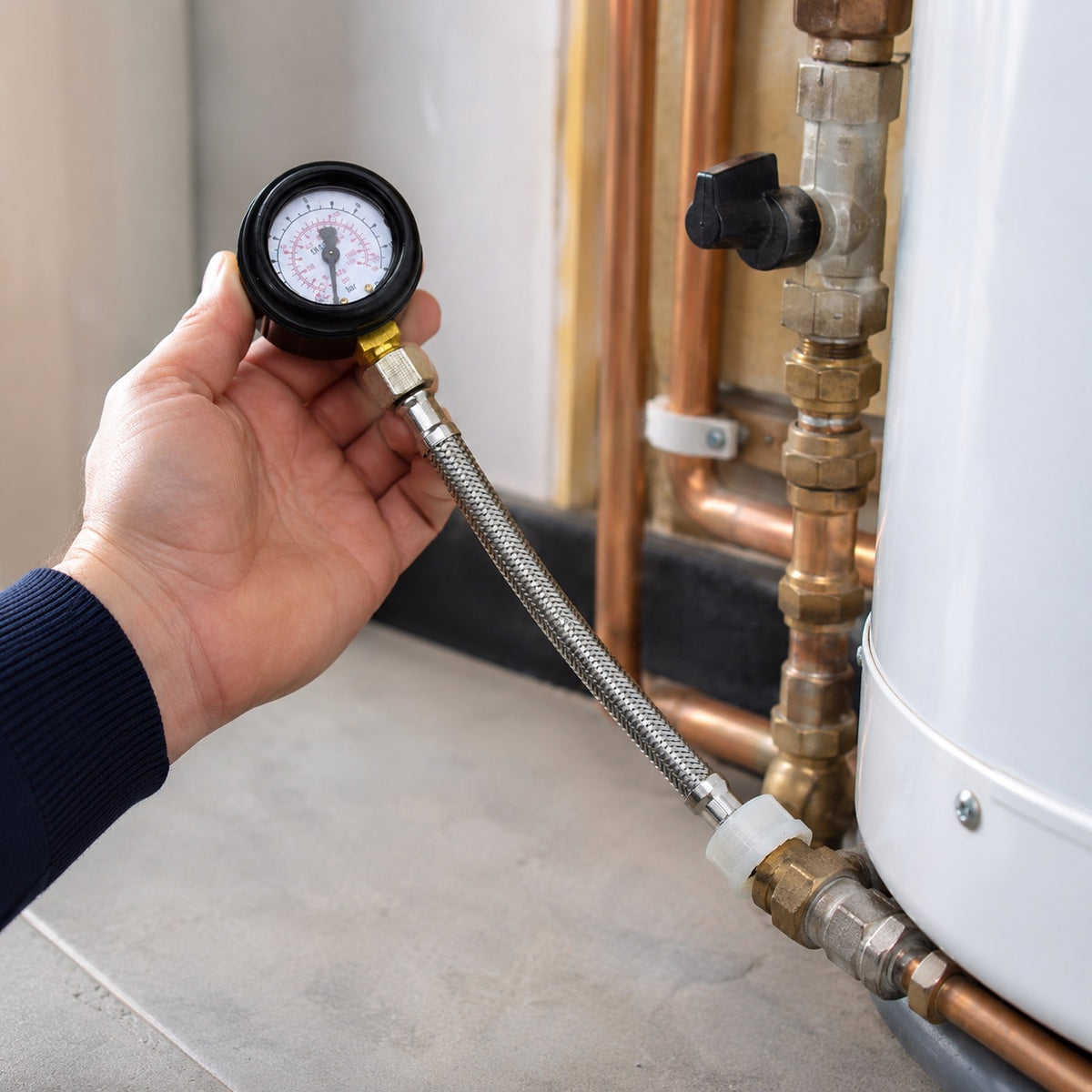 Monument Mains Water Pressure Test Gauge Black 2510L | 0.75 Inch BSP Thread | Max 12 Bar | Flexible Braided Hose | Measures kPa and PSI | Plumbing Diagnostic Tool | Water Pressure Tester Meter | Tap Flow Test Kit | Home Plumbing System Testing