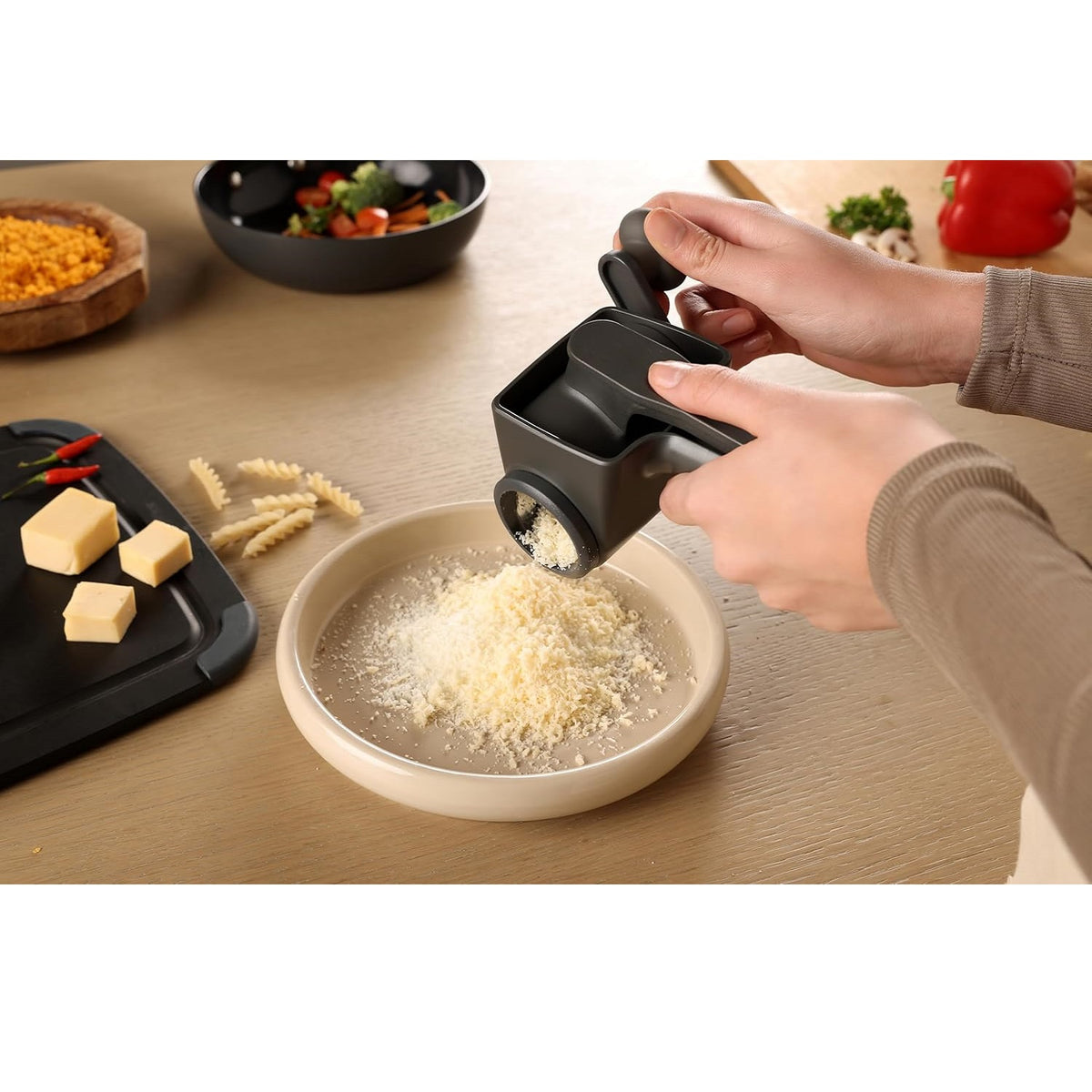 Zyliss Professional Rotary Cheese Grater Grey E900067 | Razor Sharp Blade Drum | Left and Right Handed Use | 15 Percent Wheat Straw Eco Friendly Material | Hand Crank Chocolate Grater | Nut Grinding Tool | Hard Cheese Shredder | Manual Kitchen Slicer