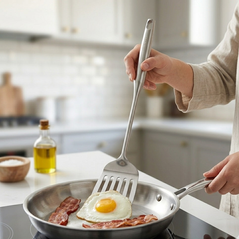 Siaki Slotted Spatula Turner Silver 39cm C80654330 | 18-8 Stainless Steel Slotted Turner | Dishwasher Safe Ergonomic Handle | Kitchen Cooking Frying Utensil