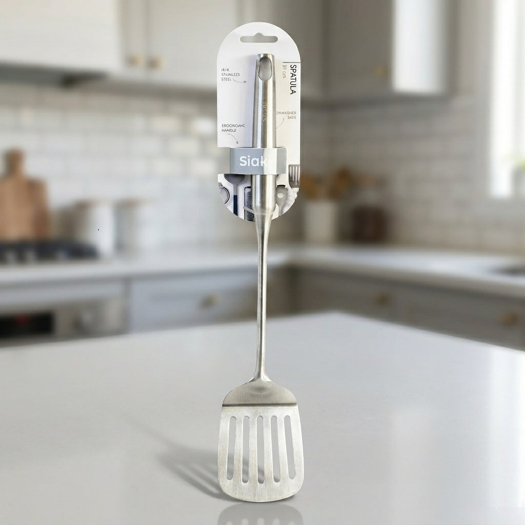 Siaki Slotted Spatula Turner Silver 39cm C80654330 | 18-8 Stainless Steel Slotted Turner | Dishwasher Safe Ergonomic Handle | Kitchen Cooking Frying Utensil