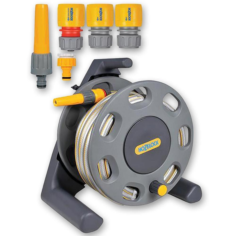 Hozelock Garden Hose Reel With Fittings Grey 25Mtr 2412R0275 | Garden Hose Pipe Reel | Portable Hose Winder | Watering Hose Reel Cart | Supplied With Complete Fittings