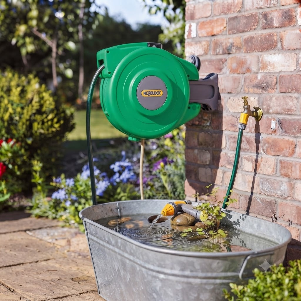 Hozelock Auto Reel Retract Wall Mounted Hose System Multicolour 40Mtr 2595R0000 | Supplied With Complete Fittings | Wall Mounted Garden Hose | Auto Rewind Hose Reel
