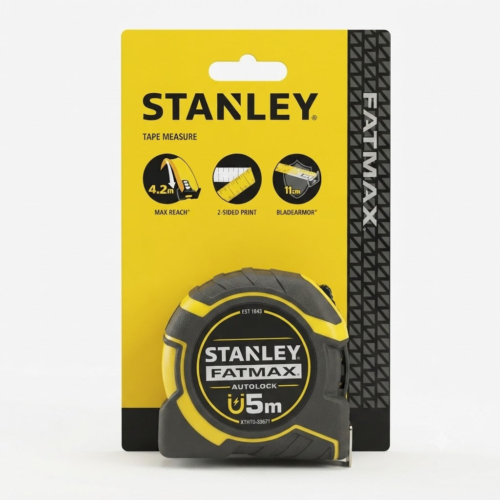 Stanley Fatmax Autolock Tape Measure Black and Yellow 5Mtr x 32mm XTHT0-33671 | Max Reach | 2-Sided Print | Blade Armor | Carpenter Tape Measure | Measuring Tool | Workshop Tape Measure