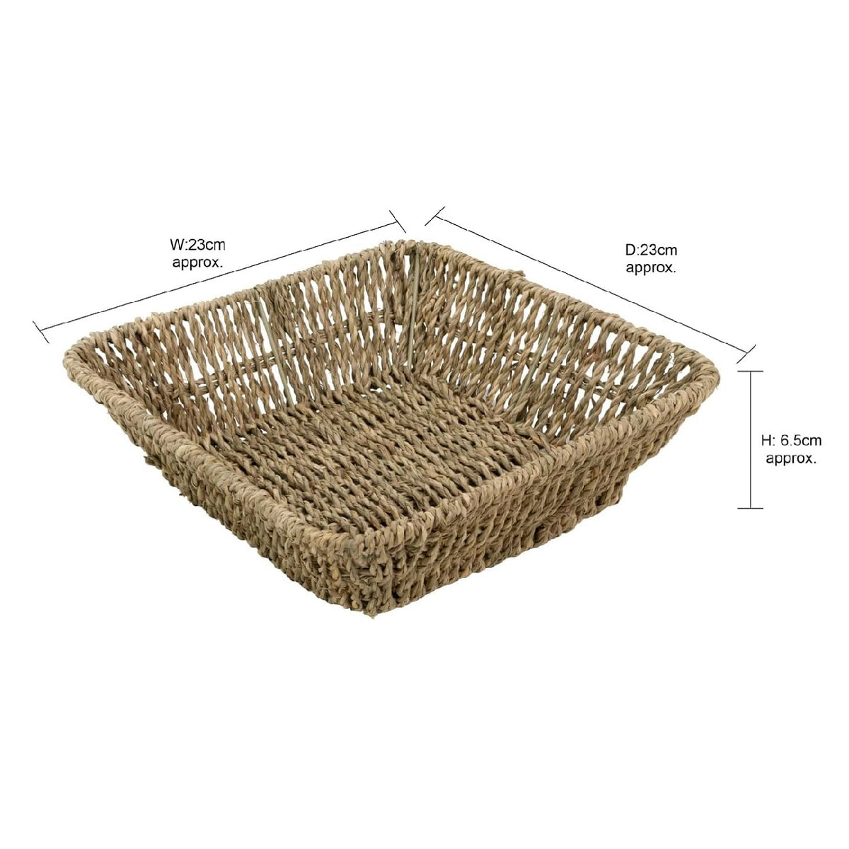 JVL Square Tapered Seagrass Storage Tray Brown H6.5cm x W23cm x D23cm Pack Of 1 15-419 | Woven Wicker Basket | Home Storage Accessories | Suitable for Shelf Desk Countertop Organisation
