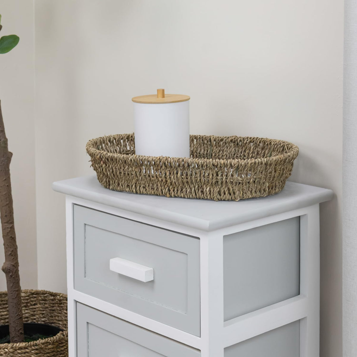 JVL Oval Seagrass Storage Tray Brown H7 x W33.5 x D21cm 15-420 | Woven Wicker Basket | Home Storage Accessories | Suitable for Shelf Desk Countertop Organisation