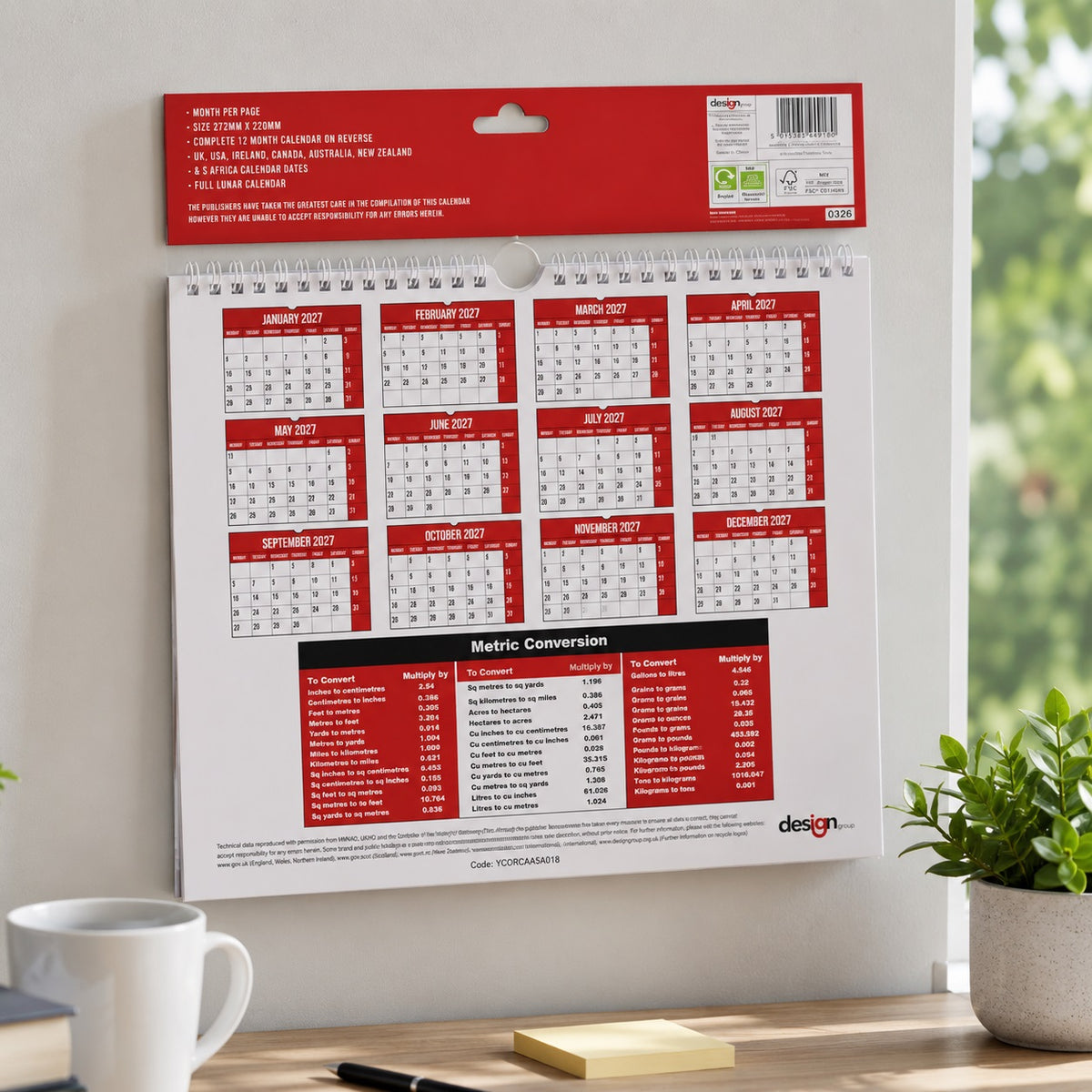 Design Group 2027 Commercial Easy View Calendar Red and White 272mm x 220mm YCORCAA5A018 | Month Per Page | Complete 12 Month Calendar On Reverse | Full Lunar Calendar | Home and Office Calendar | Date Organiser