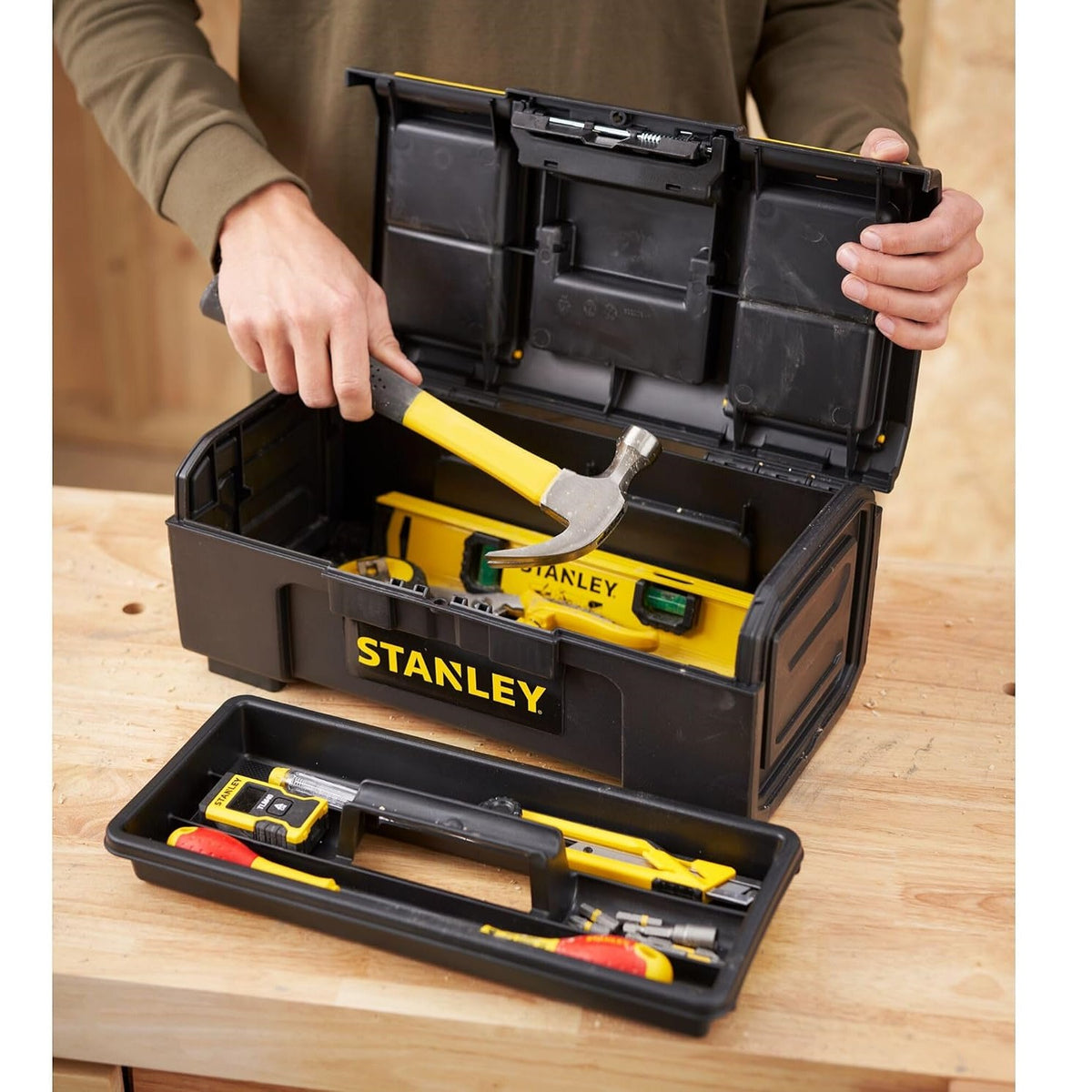 Stanley One-Touch Tool Box Black Yellow 39.4cm x 22cm x 16.2cm Pack Of 1 1-79-216 | Removable Tote Tray Lid Organisers | Heavy Duty Portable Storage Chest | Suitable for Tools Hardware Accessories Organisation