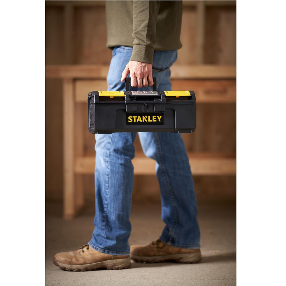Stanley One-Touch Tool Box Black Yellow 39.4cm x 22cm x 16.2cm Pack Of 1 1-79-216 | Removable Tote Tray Lid Organisers | Heavy Duty Portable Storage Chest | Suitable for Tools Hardware Accessories Organisation
