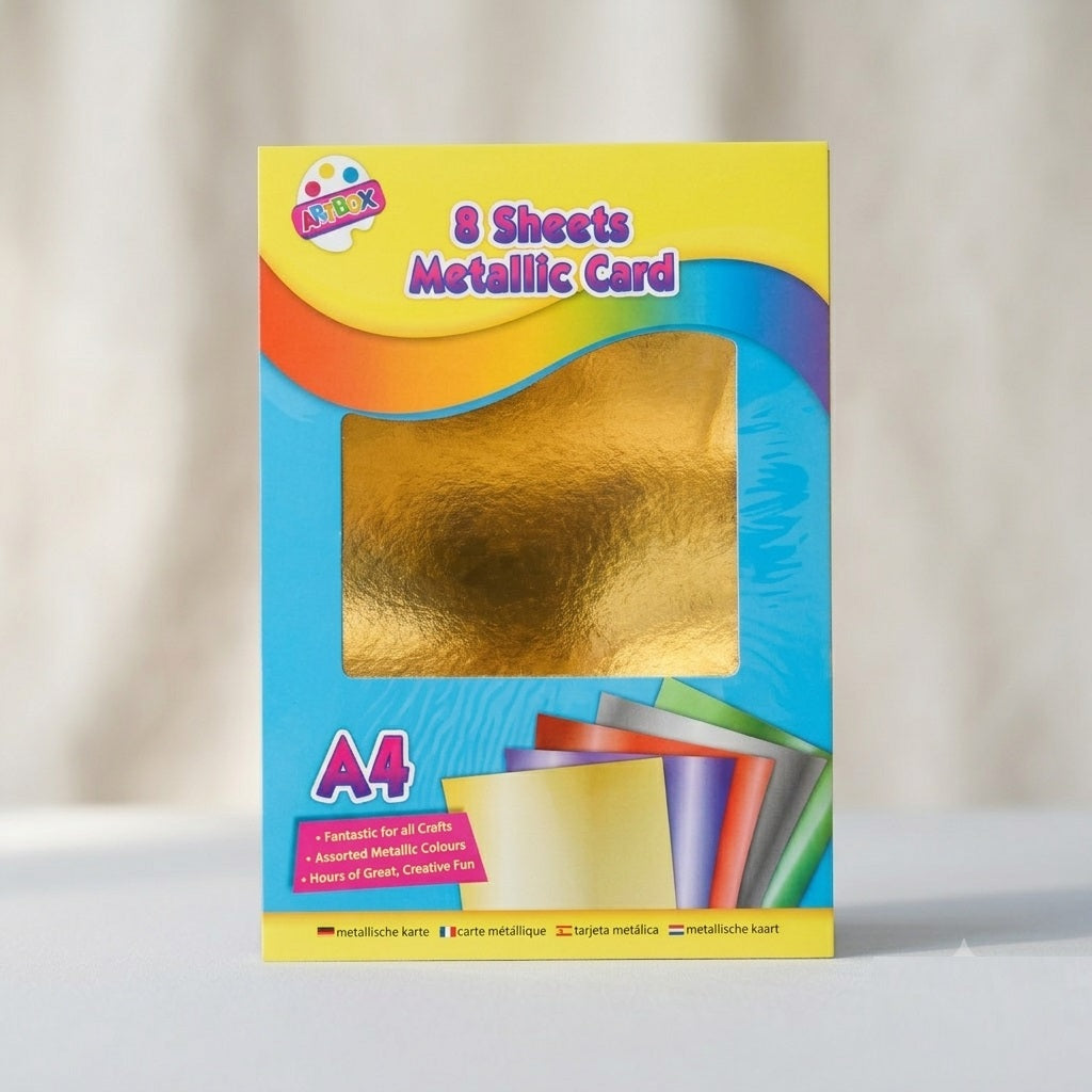 Tallon Artbox A4 Sheets Metallic Card Assorted Colours 29.2cm x 21.4cm x 1.6cm Pack Of 8 5290-48 | Shiny Foil Craft Paper Pack | Make Your Own Metallic Bugs Activity | Suitable for Childrens Art Crafts-DIY Projects-Card Making and School Activities