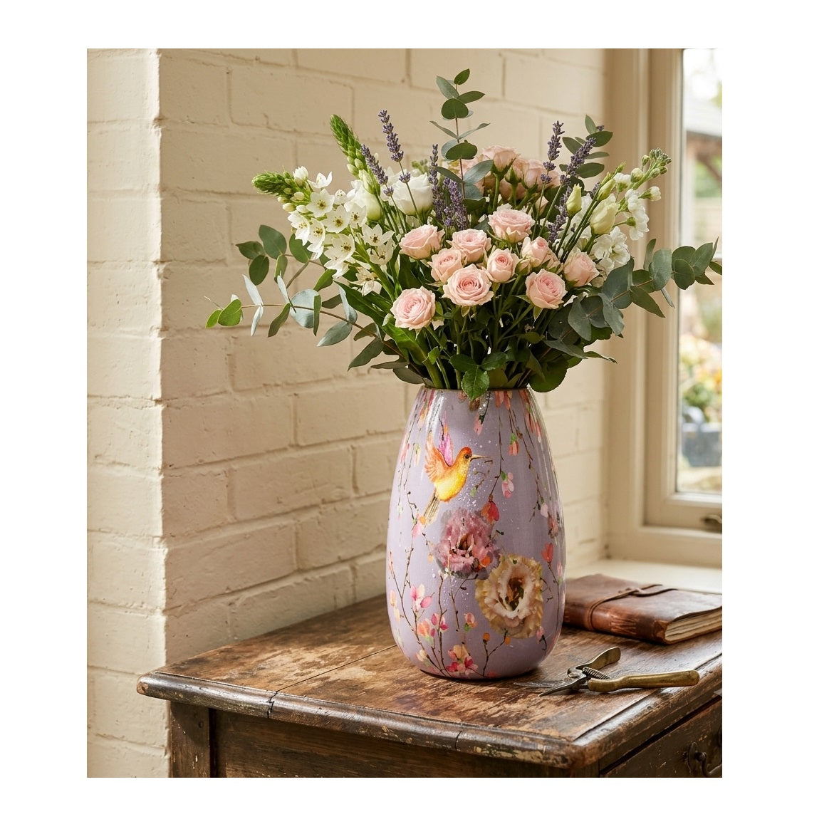 Flower Print Metal Flower Vase Lilac Purple 25cm A67825320 | Decorative Printed Tabletop Vase | Gold Interior Accent | Oriental Floral and Bird Pattern Urn | Living Room and Home Decor Table Centerpiece