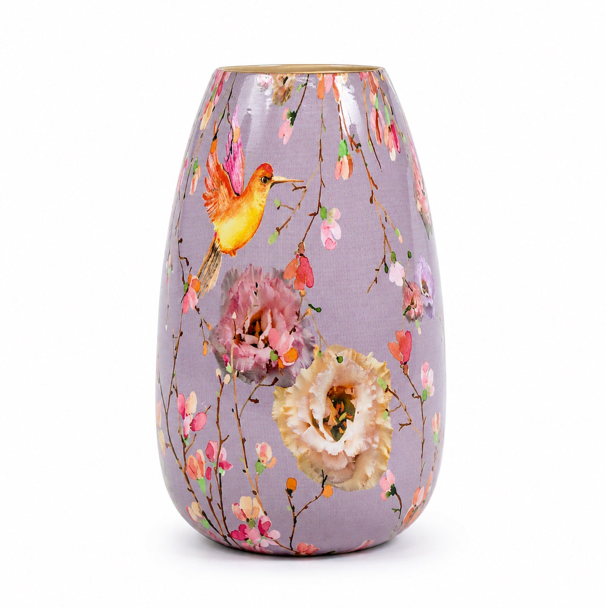 Flower Print Metal Flower Vase Lilac Purple 25cm A67825320 | Decorative Printed Tabletop Vase | Gold Interior Accent | Oriental Floral and Bird Pattern Urn | Living Room and Home Decor Table Centerpiece