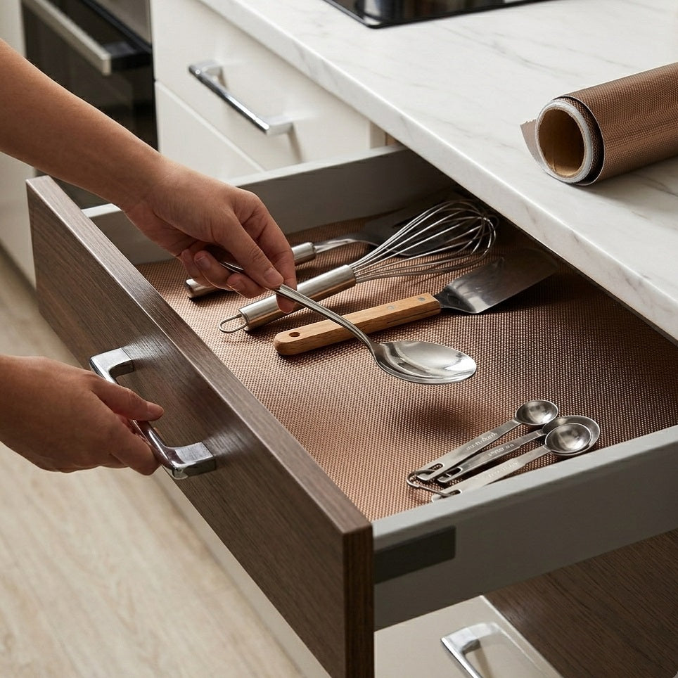 Adorn Metallic Drawer Mat Roll Assorted 30cm x 100cm Pack of 1 AE038 | Non-Slip Textured Metallic Shelf Liner and Cabinet Protector | Copper and Silver Assorted