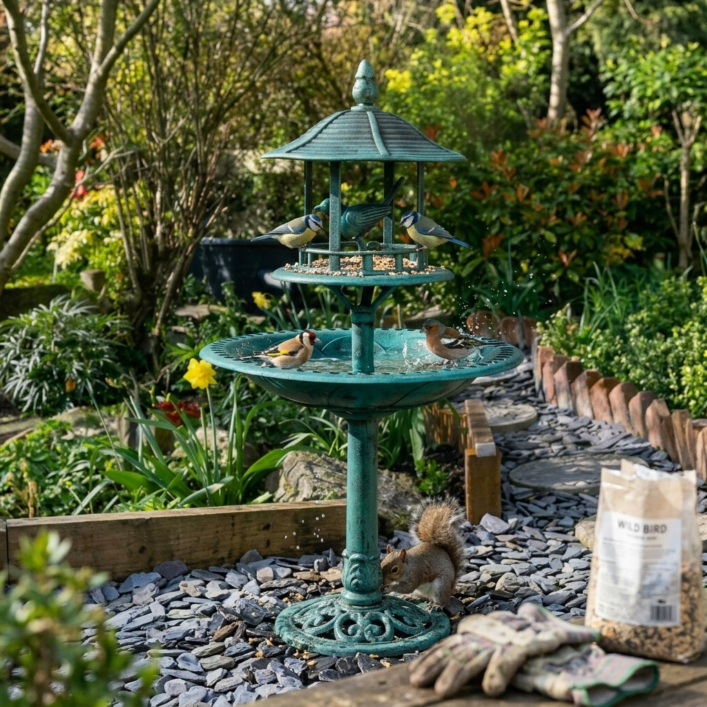 Natures Market Bird Bath with Feeding Table Green 105cm x 50cm BB01 | Bronze Effect Freestanding Garden Bird Feeder Station | Wild Bird Water Drinker and Table | Outdoor Yard Decoration | Attracts a Variety of Wild Birds