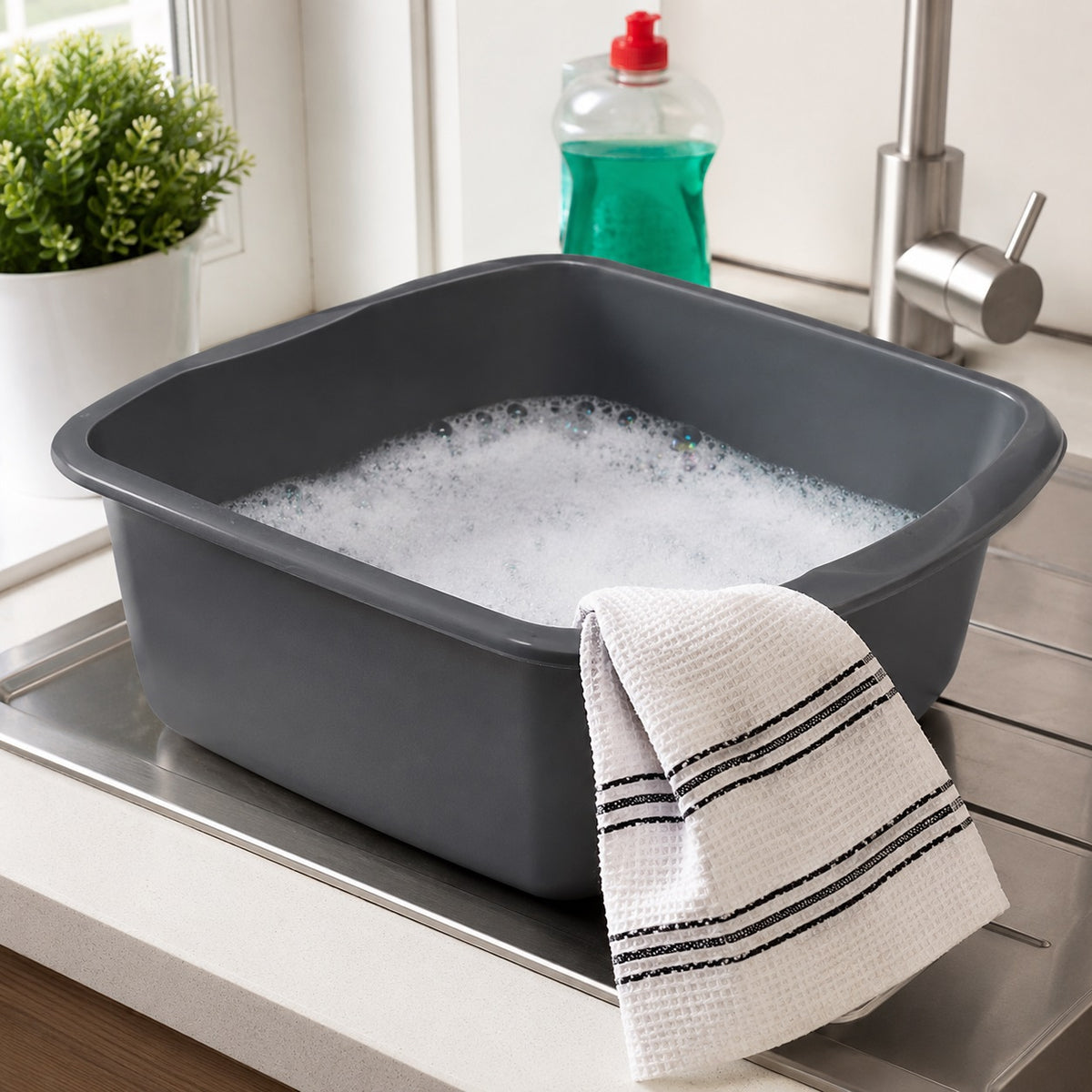 Addis Small Rectangular Bowl Metallic Grey 8Ltr 510584 | Hard Wearing and Wipe Clean | Washing Up Bowl | Plastic Utility Basin