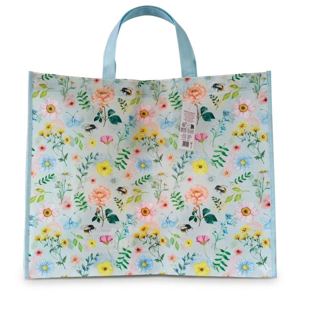 KS Brands Ltd 100 Percent Recycled R-PET Floral and Bee Print Shopper Bag Multicolour BB1254 | Reusable Eco Friendly Grocery Bag | Foldable Lightweight Shopping Tote