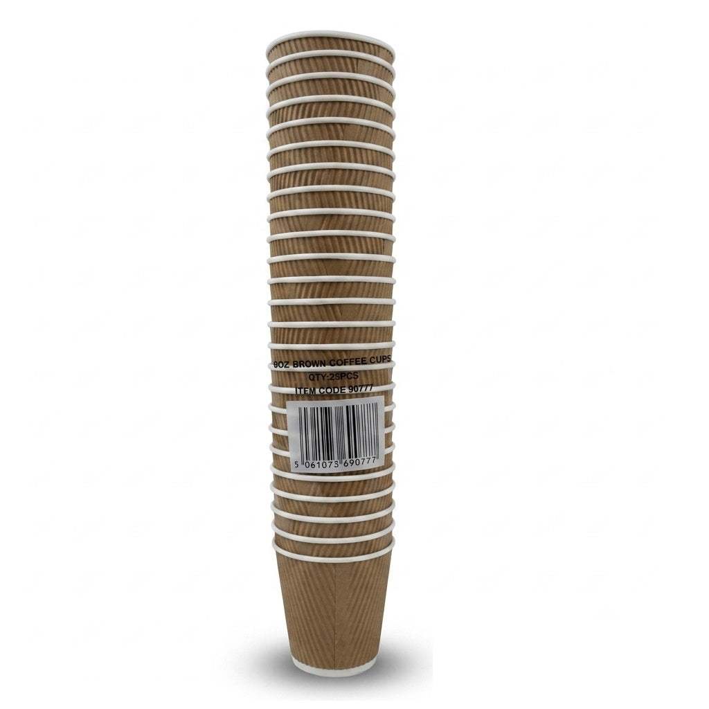 Coffee Cups Brown 8oz Pack of 25 90777 | Double Wall Ripple Paper Cups | Disposable Hot Drink Cups for Tea and Espresso