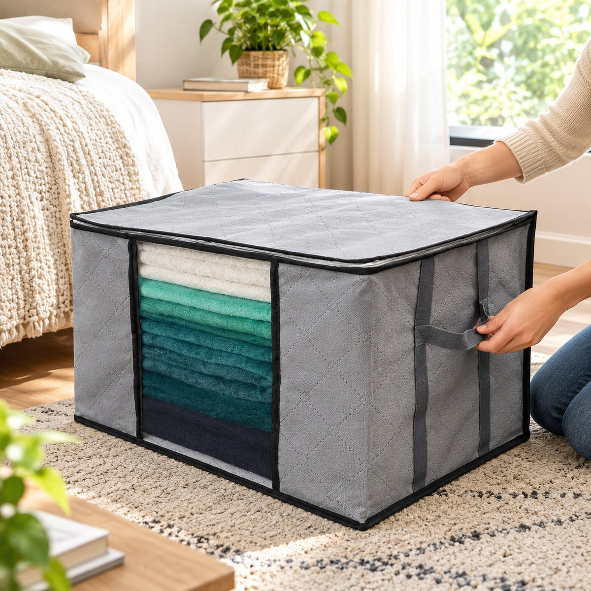 Country Club Reinforced Handles Storage Bag Grey 60 x 40 x 35cm STO227394 | Beathable Fabric | Clear Window | Double Zip lid | Compact Design | Folds Down When Not In Use | Organiser Bag | Clothes Storage Bag